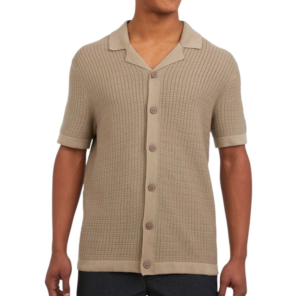 DKNY Men’s Cafe Colored Grid Knit Sweater Camp Button-up Shirt Sz Medium NWT